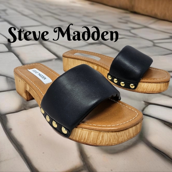 Steve Madden Womens Belong Slip On Thick Black Faux Leather Sandels Sz 39=8.5 - Picture 1 of 12